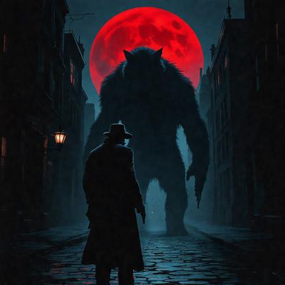 The primary subject of the image is a man in a black suit walking down a street at night. The setting is a dark alley with a red moon in the background, creating a mysterious and eerie atmosphere. The visual style is a digital art or illustration, with the man and the monster being the main focus of the scene. The colors and mood are predominantly dark, with the red moon adding a touch of eeriness to the overall ambiance.